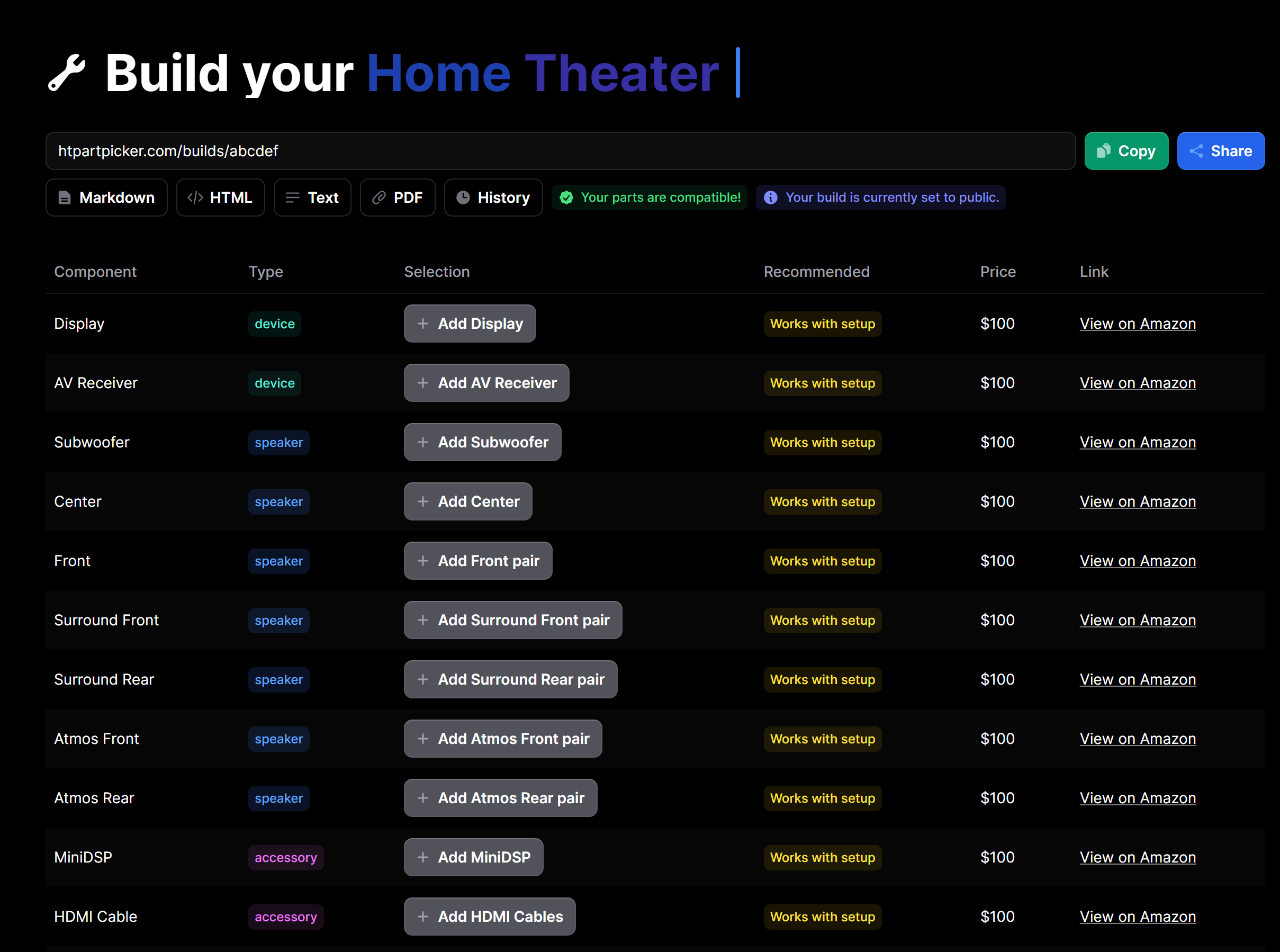 App screenshot of HT Part Picker Build Page